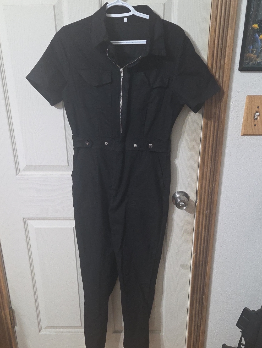 Black Short-Sleeve Zip-Front Jumpsuit
